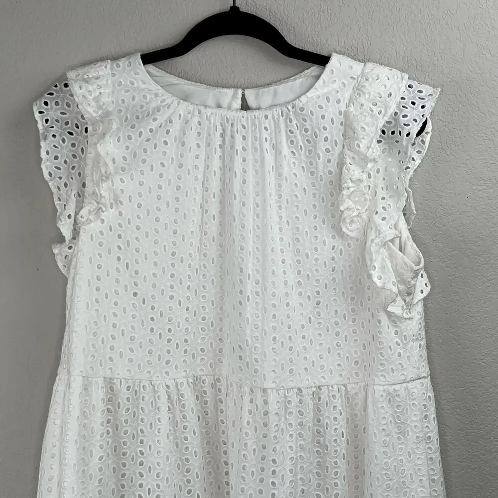 Vince Camuto White Eyelet Ruffle Keyhole Back Tiered Fit & Flare Mini Dress 14/L